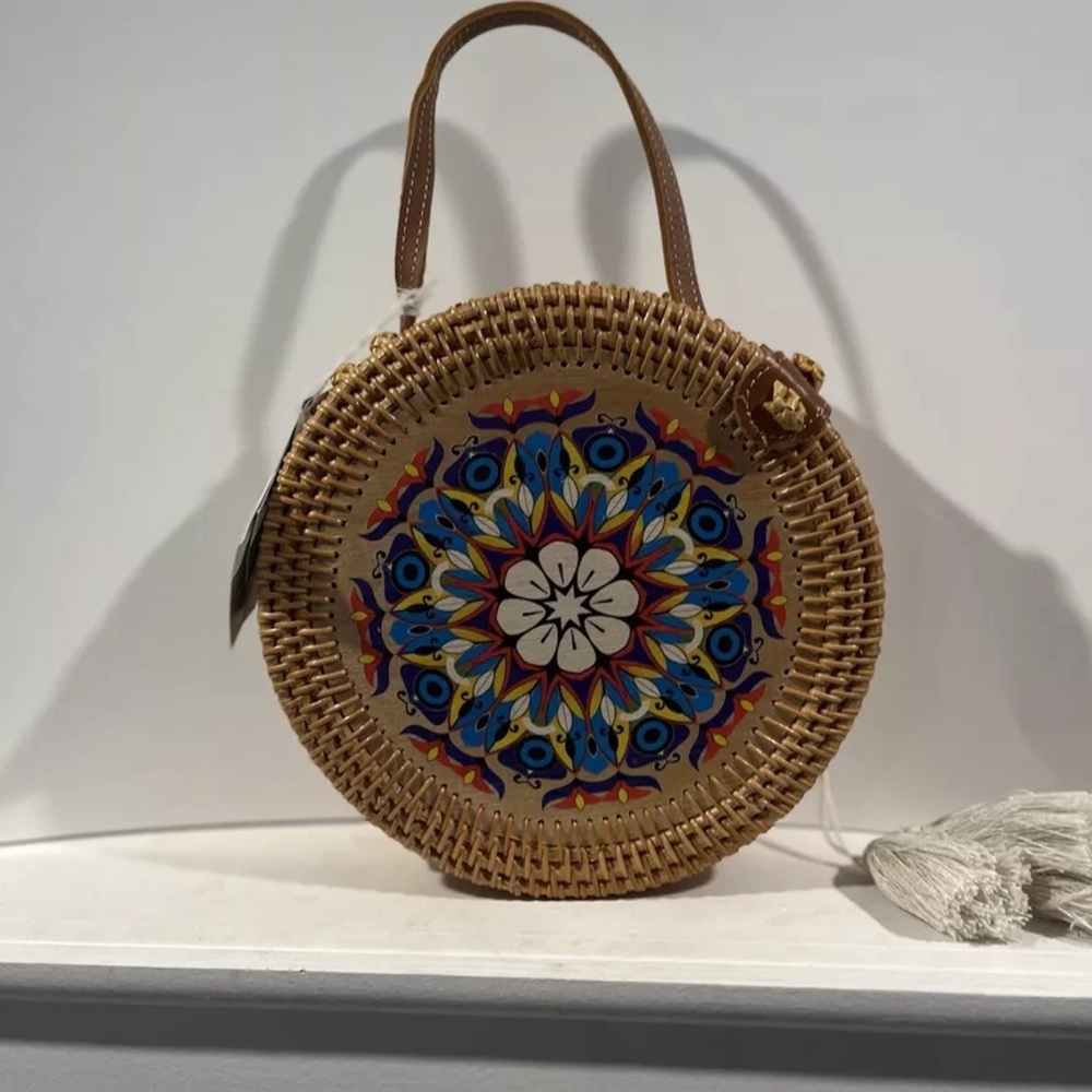 Woven Straw and Painted Wood and Leather Crossbody